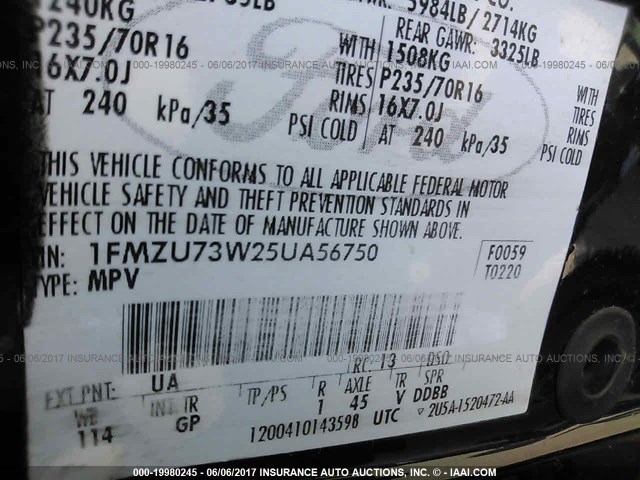 1FMZU73W25UA56750 - 2005 FORD EXPLORER XLT/XLT SPORT/NBX 黑色 照片 9