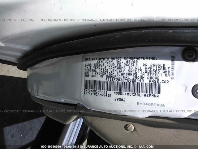 4T1BF28B0YU086449 - 2000 TOYOTA AVALON XL/XLS WHITE photo 9