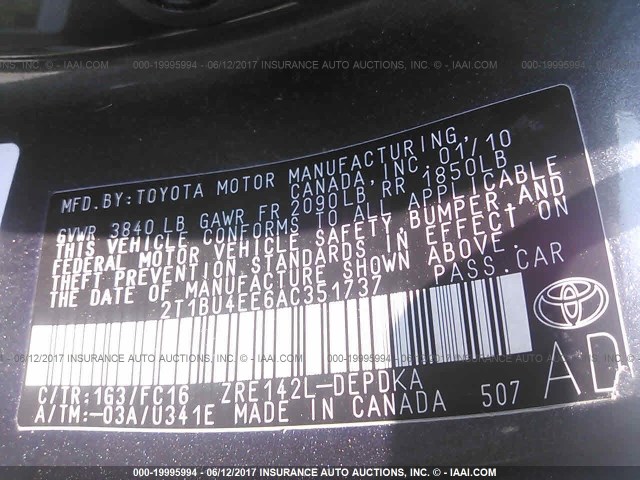 2T1BU4EE6AC351737 - 2010 TOYOTA COROLLA S/LE/XLE GRAY photo 9