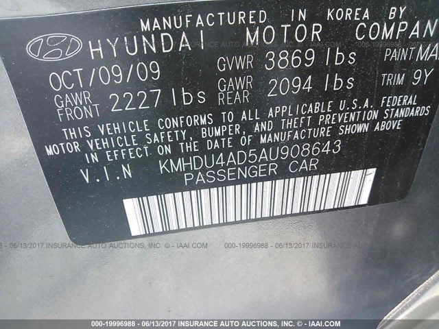 KMHDU4AD5AU908643 - 2010 HYUNDAI ELANTRA BLUE/GLS/SE GRAY photo 9