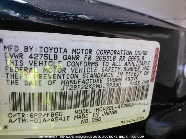 JT2BF22K2W0132390 - 1998 TOYOTA CAMRY CE/LE/XLE GREEN photo 9