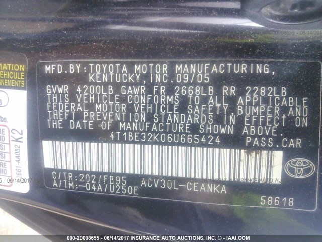 4T1BE32K06U665424 - 2006 TOYOTA CAMRY LE/XLE/SE BLACK photo 9