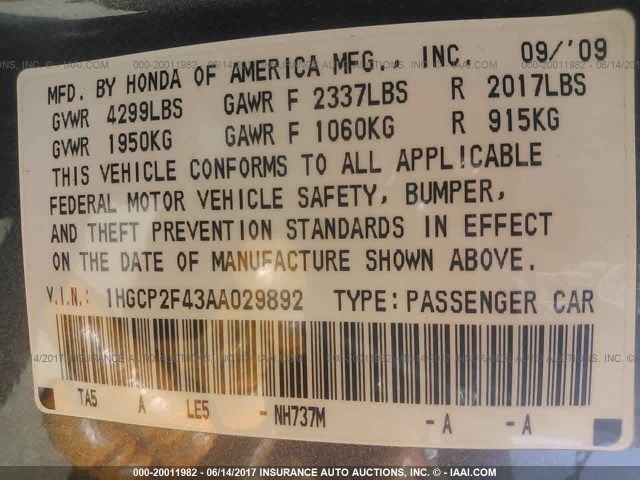 1HGCP2F43AA029892 - 2010 HONDA ACCORD LXP GRAY photo 9