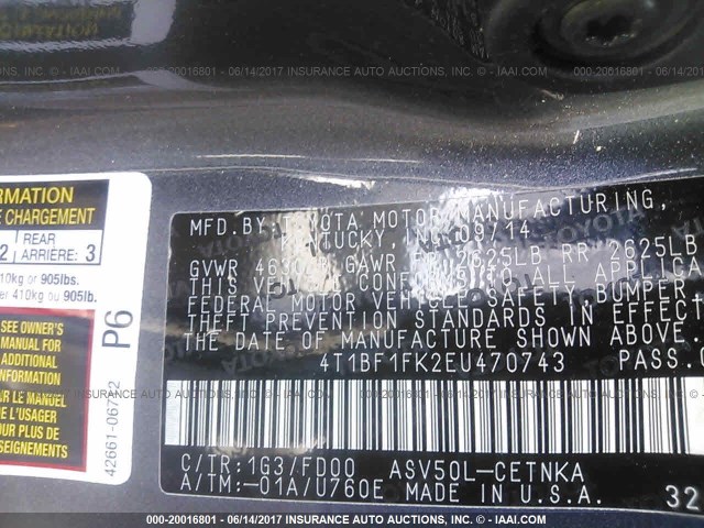 4T1BF1FK2EU470743 - 2014 TOYOTA CAMRY L/SE/LE/XLE 灰色 照片 9