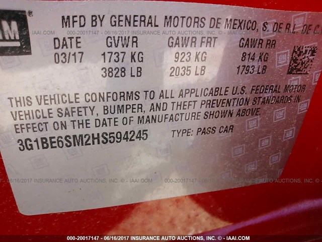 3G1BE6SM2HS594245 - 2017 CHEVROLET CRUZE LT RED photo 9