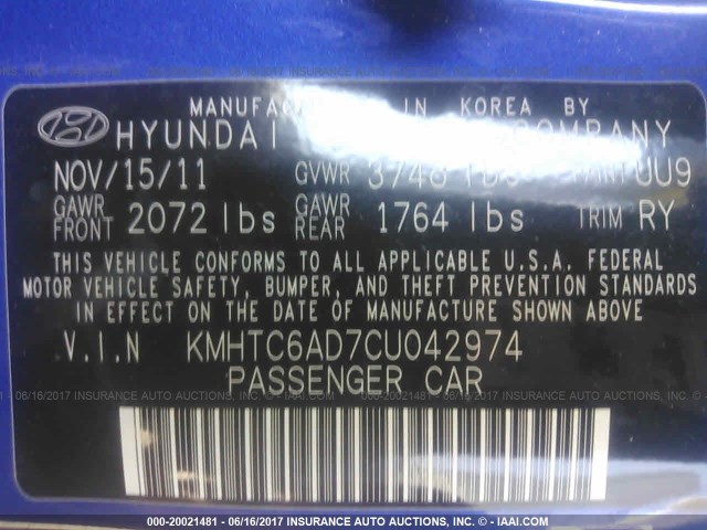 KMHTC6AD7CU042974 - 2012 HYUNDAI VELOSTER BLUE photo 9