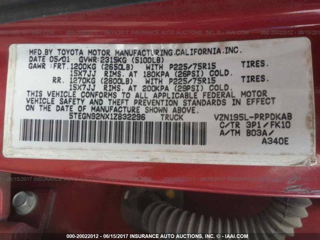 5TEGN92NX1Z832296 - 2001 TOYOTA TACOMA DOUBLE CAB PRERUNNER MAROON photo 9