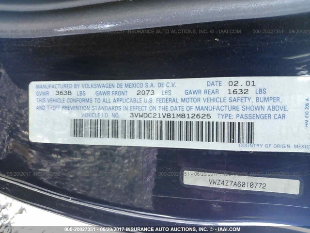 3VWDC21V81M812625 - 2001 VOLKSWAGEN CABRIO GLX ლურჯი ფოტო 9