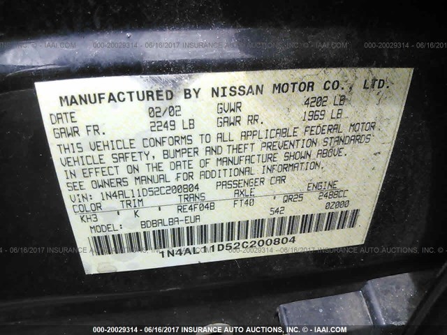 1N4AL11D52C200804 - 2002 NISSAN ALTIMA S/SL BLACK photo 9