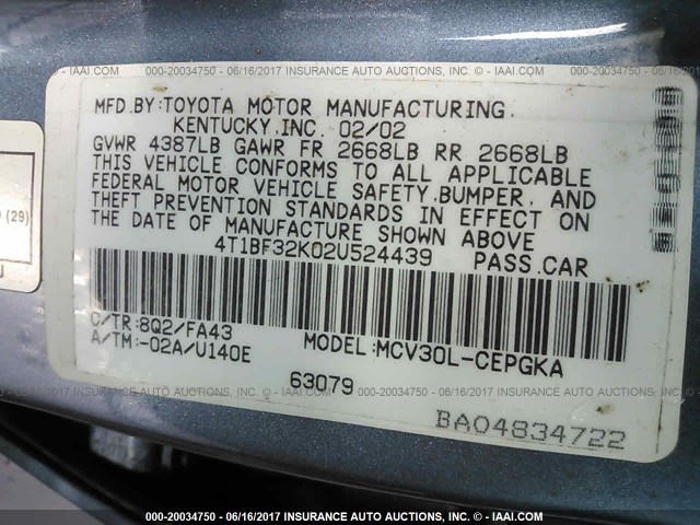 4T1BF32K02U524439 - 2002 TOYOTA CAMRY LE/XLE/SE ლურჯი ფოტო 9
