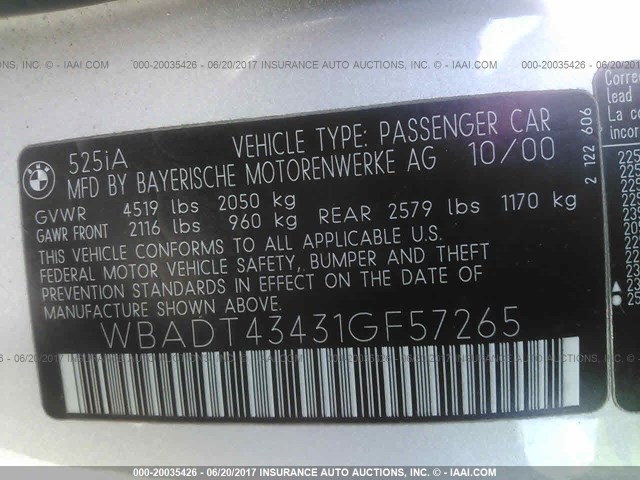 WBADT43431GF57265 - 2001 BMW 525 I AUTOMATIC SILVER photo 9