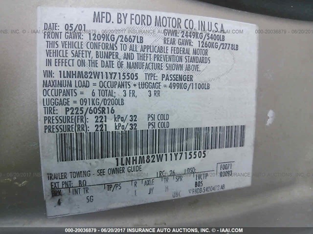 1LNHM82W11Y715505 - 2001 LINCOLN TOWN CAR SIGNATURE TAN photo 9