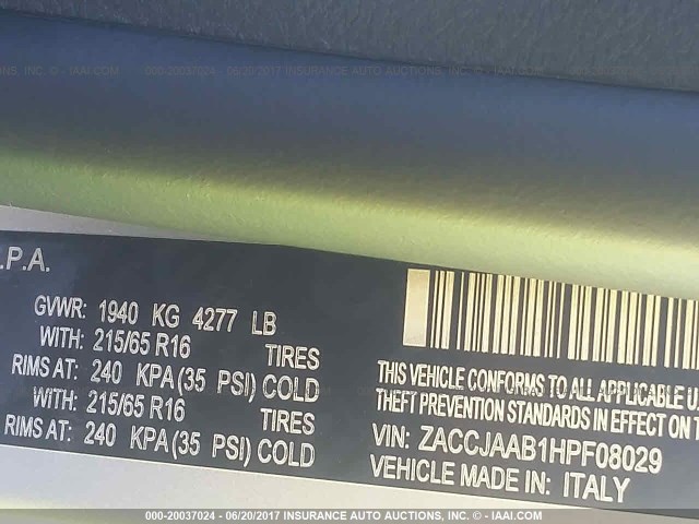 ZACCJAAB1HPF08029 - 2017 JEEP RENEGADE SPORT Արծաթագույն լուսանկար 9