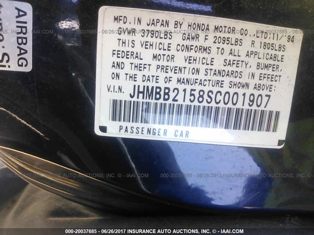 JHMBB2158SC001907 - 1995 HONDA PRELUDE SI/SR BLUE photo 9