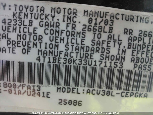 4T1BE30K33U171153 - 2003 TOYOTA CAMRY LE/XLE/SE ლურჯი ფოტო 9