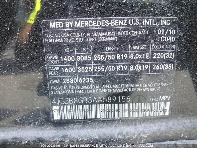 4JGBB8GB3AA589156 - 2010 MERCEDES-BENZ ML 350 4MATIC BLACK photo 9