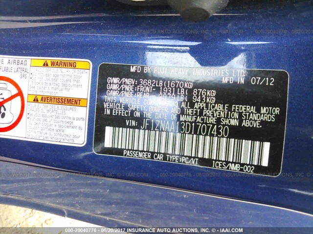 JF1ZNAA13D1707430 - 2013 TOYOTA SCION FR-S ლურჯი ფოტო 9