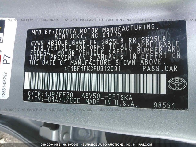 4T1BF1FK3FU912091 - 2015 TOYOTA CAMRY LE/XLE/SE/XSE SILVER photo 9