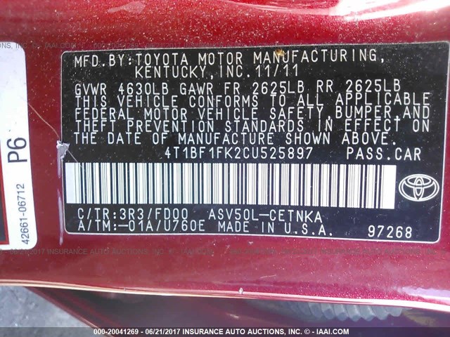 4T1BF1FK2CU525897 - 2012 TOYOTA CAMRY SE/LE/XLE RED photo 9