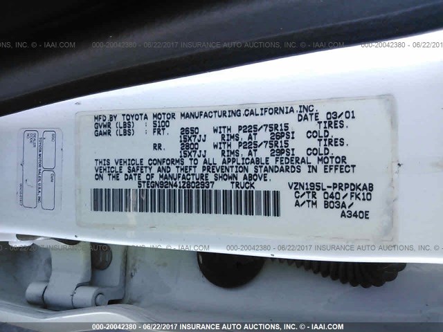 5TEGN92N41Z802937 - 2001 TOYOTA TACOMA DOUBLE CAB PRERUNNER WHITE photo 9