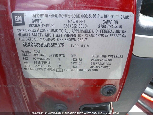 3GNCA33B09S505879 - 2009 CHEVROLET HHR LS RED photo 9