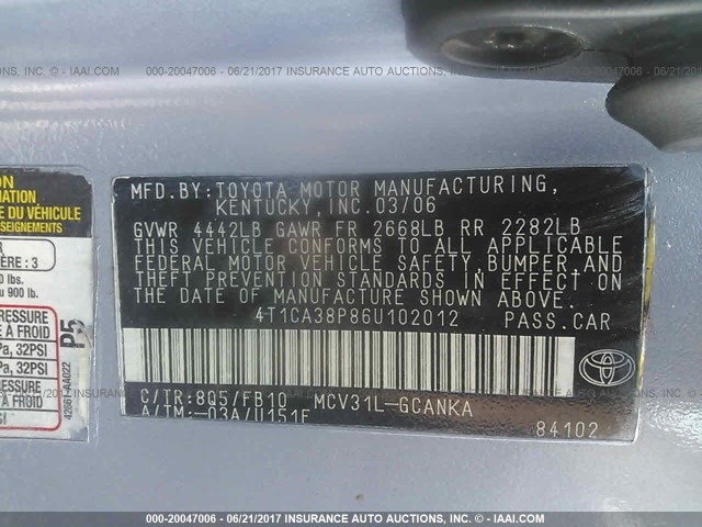 4T1CA38P86U102012 - 2006 TOYOTA CAMRY SOLARA SE/SLE Mavi foto 9