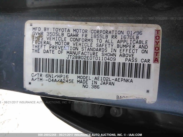 JT2BB02E0T0110409 - 1996 TOYOTA COROLLA DX BLUE photo 9