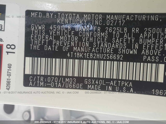 4T1BK1EB2HU256692 - 2017 TOYOTA AVALON XLE PLUS/PREMIUM/TOUR/LTD WHITE photo 9