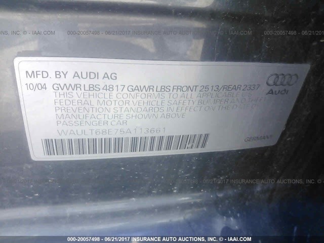 WAULT68E75A113661 - 2005 AUDI A4 3.0 QUATTRO/SPECIAL GRAY photo 9