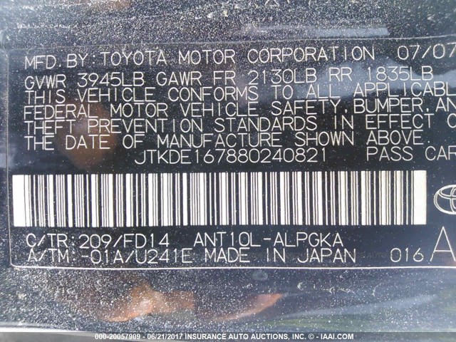 JTKDE167880240821 - 2008 TOYOTA SCION TC BLACK photo 9