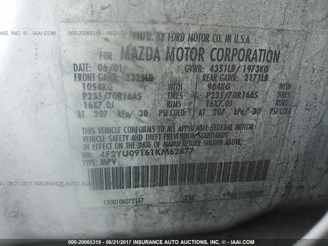 4F2YU09161KM62877 - 2001 MAZDA TRIBUTE LX/ES 白色 照片 9