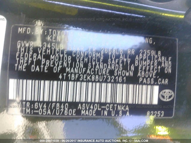 4T1BF3EK8BU732161 - 2011 TOYOTA CAMRY SE/LE/XLE GREEN photo 9