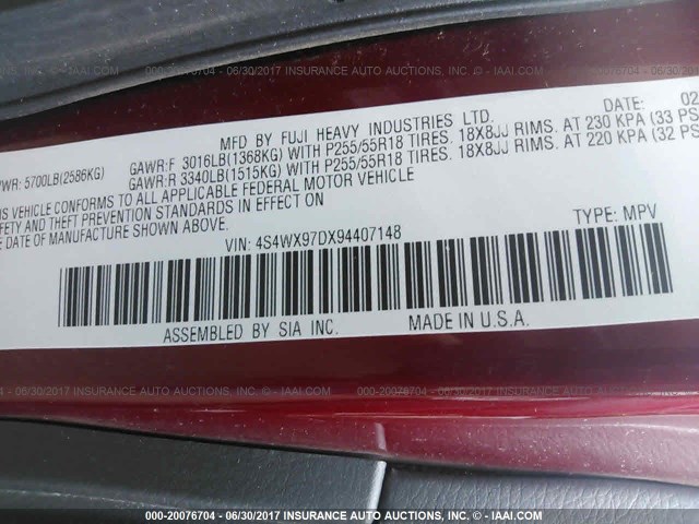 4S4WX97DX94407148 - 2009 SUBARU TRIBECA LIMITED BURGUNDY photo 9