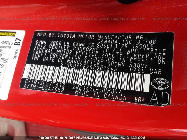 2T1KU40E29C002545 - 2009 TOYOTA COROLLA MATRIX  RED photo 9