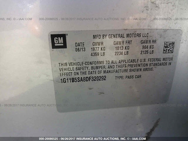 1G11B5SA8DF320292 - 2013 CHEVROLET MALIBU LS 银色 照片 9