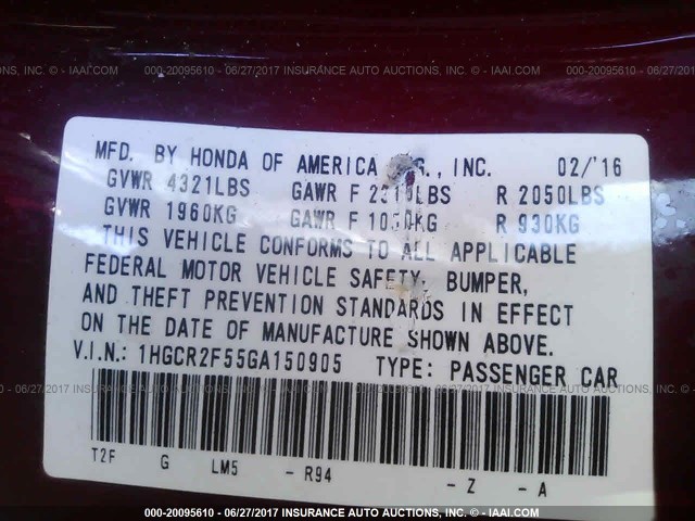 1HGCR2F55GA150905 - 2016 HONDA ACCORD SPORT წითელი ფოტო 9