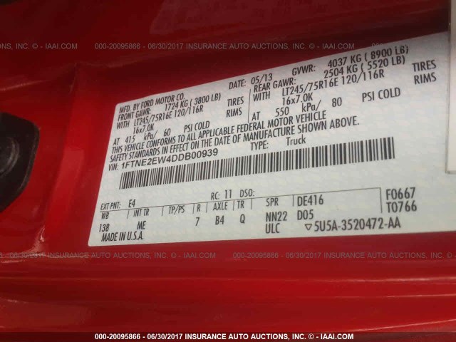 1FTNE2EW4DDB00939 - 2013 FORD ECONOLINE E250 VAN RED photo 9