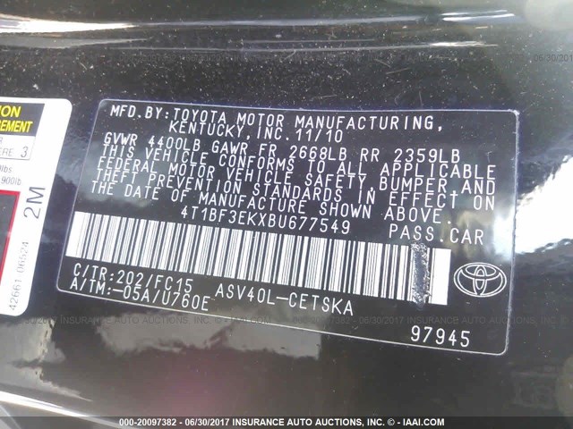 4T1BF3EKXBU677549 - 2011 TOYOTA CAMRY SE/LE/XLE Қара фото 9