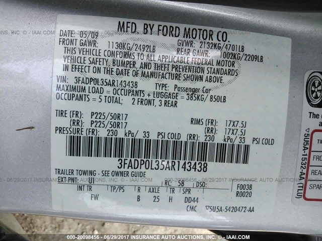 3FADP0L35AR143438 - 2010 FORD FUSION HYBRID SILVER photo 9