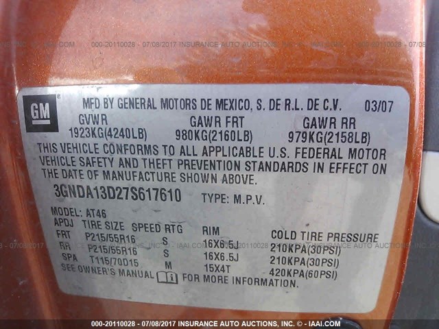 3GNDA13D27S617610 - 2007 CHEVROLET HHR LS ORANGE photo 9