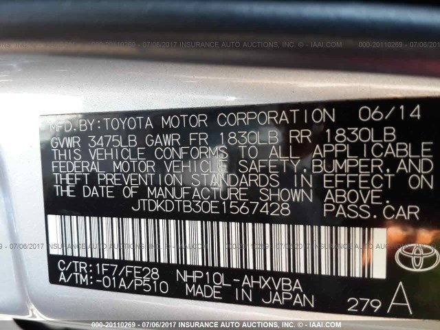 JTDKDTB30E1567428 - 2014 TOYOTA PRIUS C SILVER photo 9