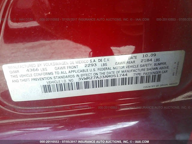 3VWRZ7AJ3AM051744 - 2010 VOLKSWAGEN JETTA SE/SEL RED photo 9