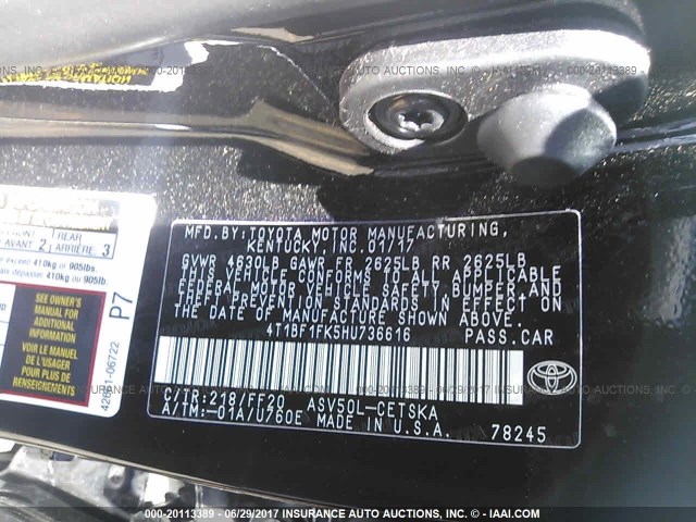 4T1BF1FK5HU736616 - 2017 TOYOTA CAMRY LE/XLE/SE/XSE BLACK photo 9