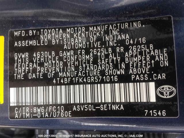 4T4BF1FK4GR571016 - 2016 TOYOTA CAMRY LE/XLE/SE/XSE BLUE photo 9