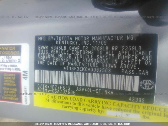 4T1BF3EK0AU082563 - 2010 TOYOTA CAMRY SE/LE/XLE 银色 照片 9