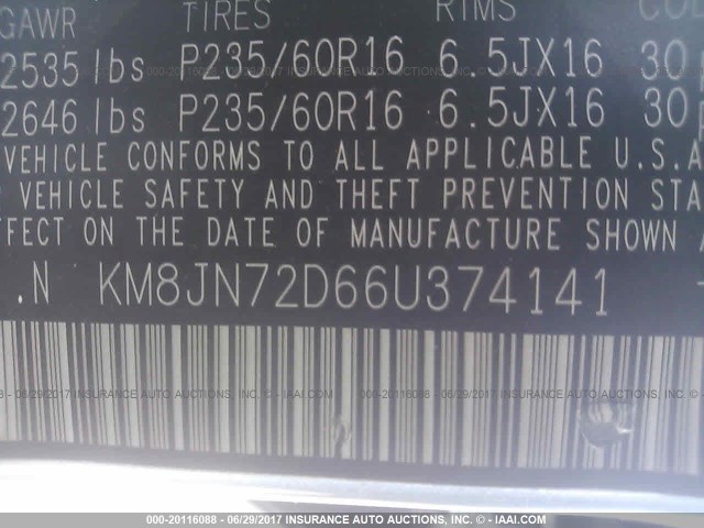 KM8JN72D66U374141 - 2006 HYUNDAI TUCSON GLS/LIMITED BLUE photo 9