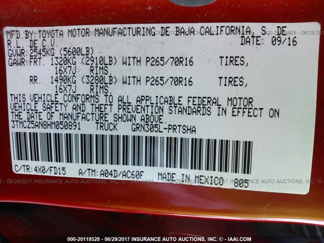 3TMCZ5AN8HM050891 - 2017 TOYOTA TACOMA DBL CAB/SR/TRDSPT/OR/PRO ნარინჯისფერი ფოტო 9