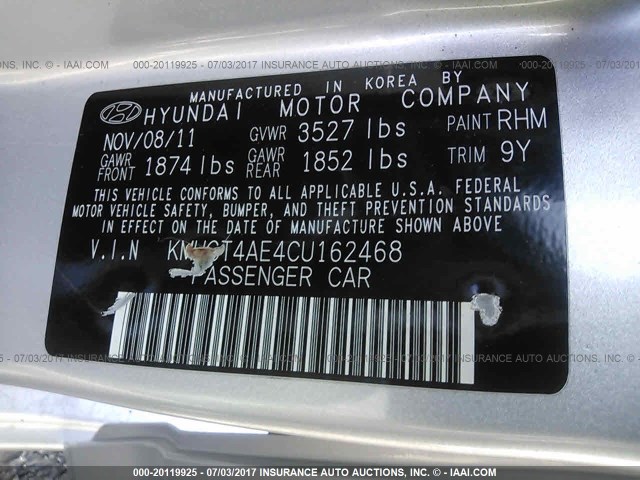 KMHCT4AE4CU162468 - 2012 HYUNDAI ACCENT GLS/GS SILVER photo 9