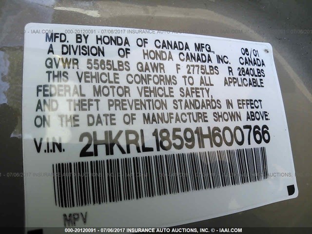 2HKRL18591H600766 - 2001 HONDA ODYSSEY LX GOLD photo 9