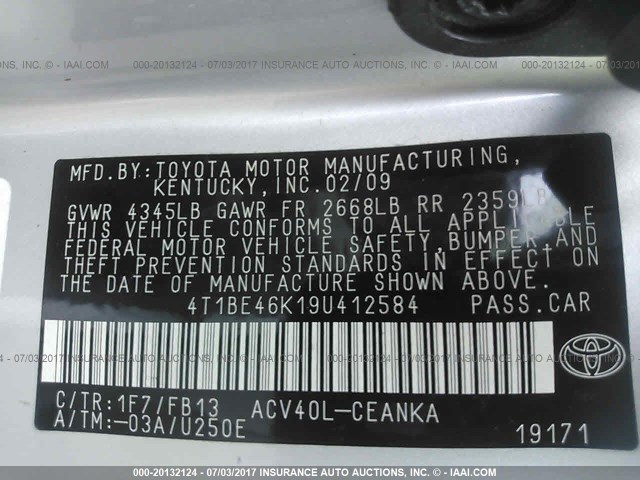 4T1BE46K19U412584 - 2009 TOYOTA CAMRY SE/LE/XLE SILVER photo 9